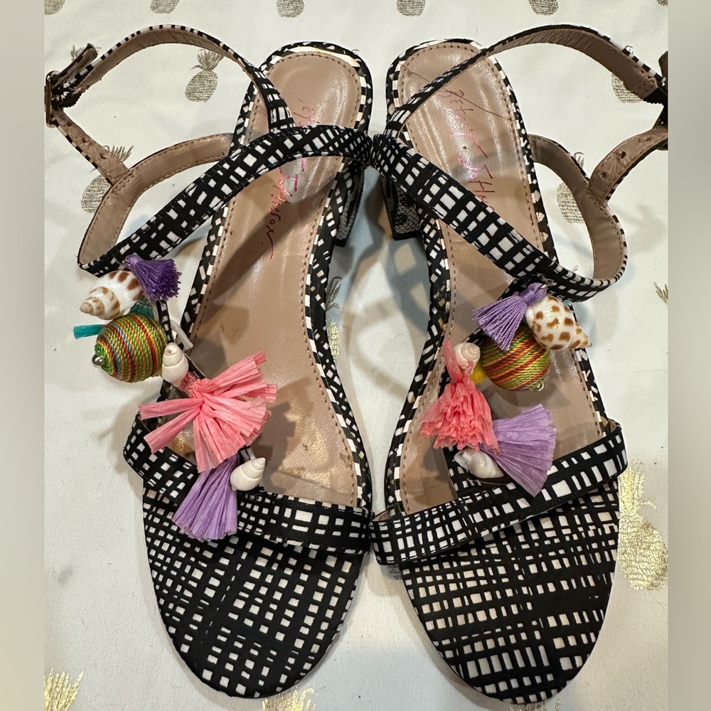 Betsey Johnson Seashell Heeled Sandals, Ladies 6.5 Plaid and leopard print, EUC